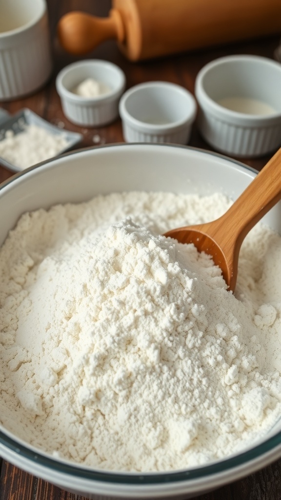 A bowl of all-purpose flour with a wooden spoon in a rustic kitchen setting.